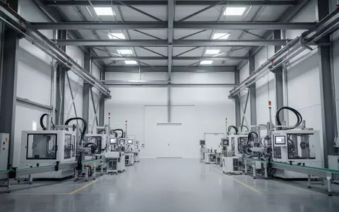 Eine moderne, sterile Industriehalle mit geometrischen Stahlträgern und kühler Beleuchtung, die eine professionelle Arbeitsumgebung symbolisiert. - Foto: über boerse-global.de