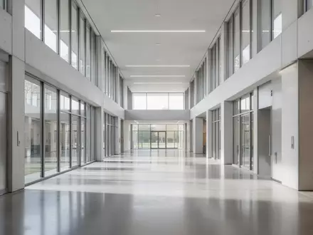Ein moderner, heller Flur in einem universitären Forschungsgebäude mit großen Glasfenstern und minimalistischer Architektur. - Foto: über boerse-global.de