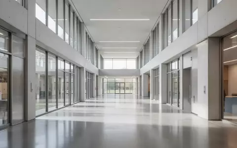 Ein moderner, heller Flur in einem universitären Forschungsgebäude mit großen Glasfenstern und minimalistischer Architektur. - Foto: über boerse-global.de