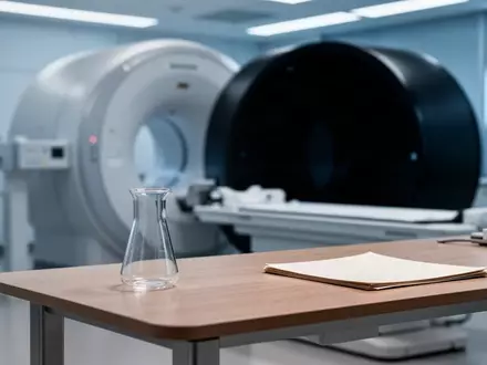 Ein steriler, moderner medizinischer Forschungsraum mit einem unscharfen MRT-Gerät im Hintergrund und einem leeren Schreibtisch. - Foto: über boerse-global.de