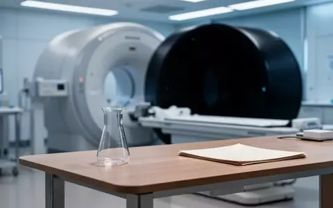 Ein steriler, moderner medizinischer Forschungsraum mit einem unscharfen MRT-Gerät im Hintergrund und einem leeren Schreibtisch. - Foto: über boerse-global.de