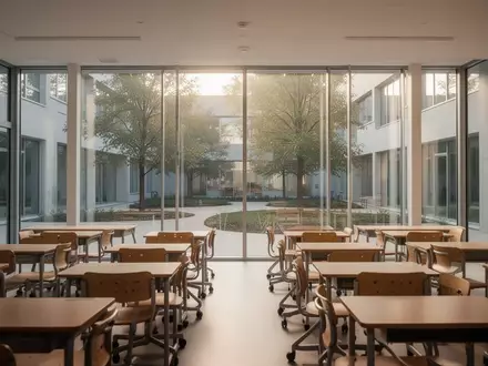 Ein heller, leerer Klassenraum mit Holzmöbeln und Blick durch große Fenster auf einen begrünten Innenhof. - Foto: über boerse-global.de