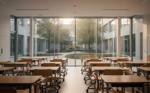 Ein heller, leerer Klassenraum mit Holzmöbeln und Blick durch große Fenster auf einen begrünten Innenhof. - Foto: über boerse-global.de