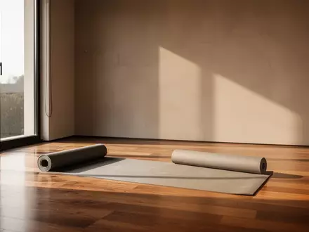 Ein minimalistischer, lichtdurchfluteter Therapieraum mit einer leeren Yogamatte auf einem Holzboden. - Foto: über boerse-global.de