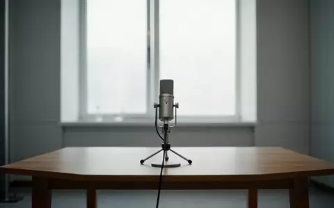 Ein professionelles Studiomikrofon auf einem Holztisch in einem hellen, minimalistischen Forschungsraum. - Foto: über boerse-global.de