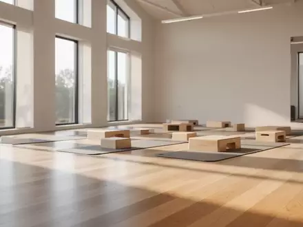 Ein heller, minimalistischer Trainingsraum mit hellem Holzboden und weichem Tageslicht, in dem Sportmatten ordentlich bereitliegen. - Foto: über boerse-global.de