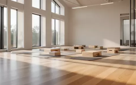 Ein heller, minimalistischer Trainingsraum mit hellem Holzboden und weichem Tageslicht, in dem Sportmatten ordentlich bereitliegen. - Foto: über boerse-global.de