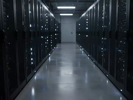 Dunkler, moderner Serverraum mit blau leuchtenden Statusanzeigen an unbeschrifteten Server-Racks. - Foto: über boerse-global.de
