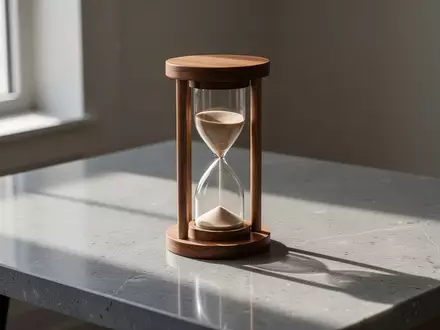 Eine Sanduhr auf einem schlichten Steintisch als Symbol für die Zeitplanung in der Altersvorsorge. - Foto: über boerse-global.de