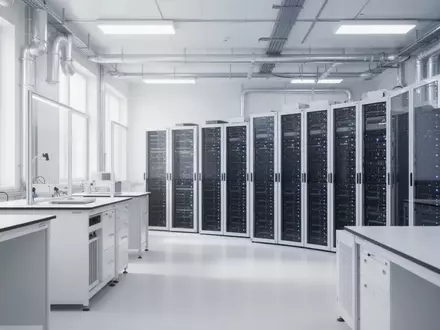 Ein minimalistisches, modernes Labor mit professioneller Kühlungsinfrastruktur und Server-Racks in einer hellen, sterilen Arbeitsumgebung. - Foto: über boerse-global.de