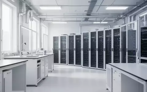 Ein minimalistisches, modernes Labor mit professioneller Kühlungsinfrastruktur und Server-Racks in einer hellen, sterilen Arbeitsumgebung. - Foto: über boerse-global.de