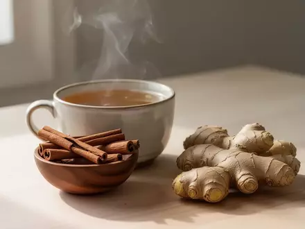 Eine Tasse dampfender Ingwertee neben Zimtstangen und Ingwerstücken auf einem hellen Holztisch. - Foto: über boerse-global.de