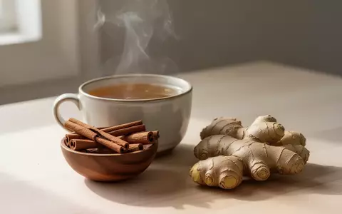 Eine Tasse dampfender Ingwertee neben Zimtstangen und Ingwerstücken auf einem hellen Holztisch. - Foto: über boerse-global.de