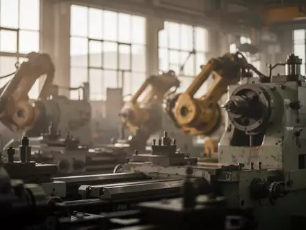 Nahaufnahme einer industriellen Fertigungshalle mit verschwommenen Maschinen im Hintergrund bei natürlichem Tageslicht. - Foto: über boerse-global.de