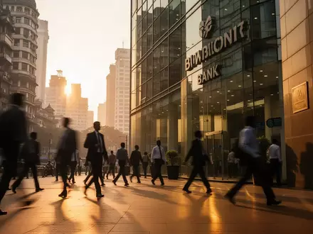 Geschäftsviertel in Mumbai bei Sonnenuntergang mit modernen Bürogebäuden und vorbeigehenden Passanten. - Foto: über boerse-global.de
