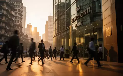 Geschäftsviertel in Mumbai bei Sonnenuntergang mit modernen Bürogebäuden und vorbeigehenden Passanten. - Foto: über boerse-global.de