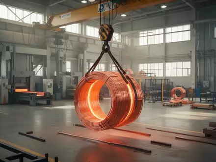 Glühende Kupferrollen in einer modernen Industriehalle während des Verarbeitungsprozesses. - Foto: über boerse-global.de