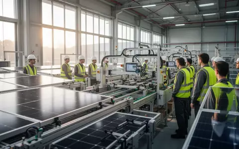 Arbeiter in einer modernen Produktionshalle für Solarmodule bei der Überprüfung automatisierter Fertigungslinien. - Foto: über boerse-global.de