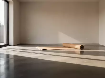 Ein minimalistischer, lichtdurchfluteter Raum für Heimtraining mit poliertem Betonboden und einer ausgerollten Yogamatte. - Foto: über boerse-global.de
