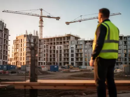 Eine Baustelle für Wohngebäude bei Sonnenuntergang mit Kränen und halbfertigen Apartmenthäusern. - Foto: über boerse-global.de