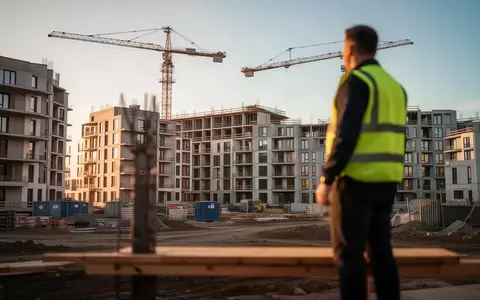 Eine Baustelle fĂŒr WohngebĂ€ude bei Sonnenuntergang mit KrĂ€nen und halbfertigen ApartmenthĂ€usern. - Foto: ĂŒber boerse-global.de