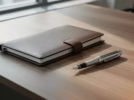 Ein moderner Schreibtisch mit Notizbuch und Füllfederhalter in einer professionellen Büroumgebung. - Foto: über boerse-global.de