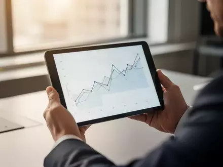 Nahaufnahme von Händen, die ein Tablet mit einem abstrakten Finanzchart in einem professionellen Büro halten. - Foto: über boerse-global.de