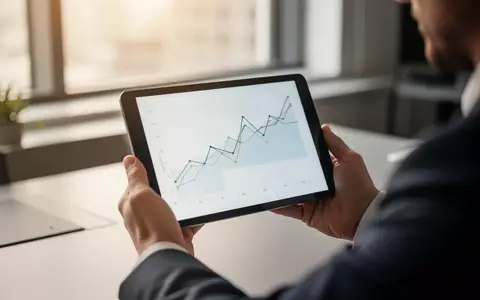 Nahaufnahme von Händen, die ein Tablet mit einem abstrakten Finanzchart in einem professionellen Büro halten. - Foto: über boerse-global.de