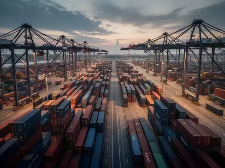 Ein modernes Logistikterminal mit Containern und Kränen bei Dämmerung. - Foto: über boerse-global.de