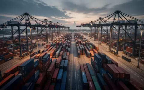Ein modernes Logistikterminal mit Containern und Kränen bei Dämmerung. - Foto: über boerse-global.de