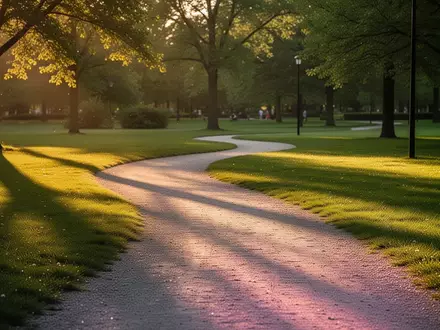 Ein sonnendurchfluteter, geschwungener Kiesweg in einem ruhigen Park bei goldenem Licht. - Foto: über boerse-global.de