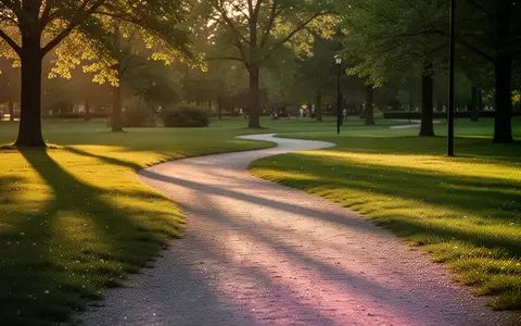 Ein sonnendurchfluteter, geschwungener Kiesweg in einem ruhigen Park bei goldenem Licht. - Foto: über boerse-global.de