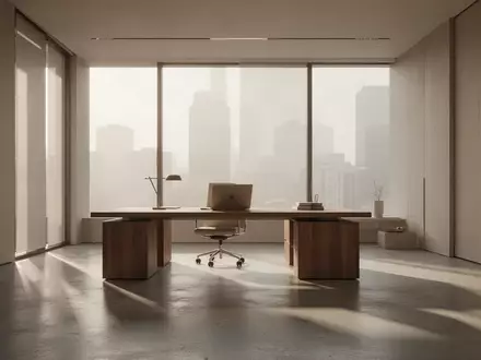 Ein minimalistisches, helles Büro mit einem Holztisch in einer ruhigen, professionellen Umgebung. - Foto: über boerse-global.de