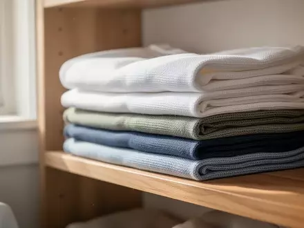 Ordentlich gefaltete weiße und bunte Textilien auf einem Holzregal in einem hellen, minimalistischen Waschraum. - Foto: über boerse-global.de