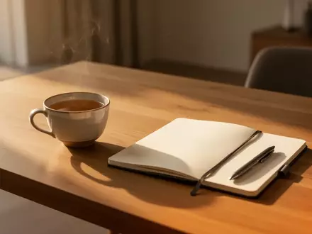 Ein minimalistischer Holztisch in einem ruhigen Raum mit einer Teetasse und einem leeren Notizbuch bei natürlichem Licht. - Foto: über boerse-global.de