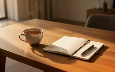 Ein minimalistischer Holztisch in einem ruhigen Raum mit einer Teetasse und einem leeren Notizbuch bei natürlichem Licht. - Foto: über boerse-global.de