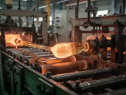 Nahaufnahme einer modernen Glasfertigungsanlage in einer Fabrik mit geschmolzenem Glas auf einem Fließband. - Foto: über boerse-global.de
