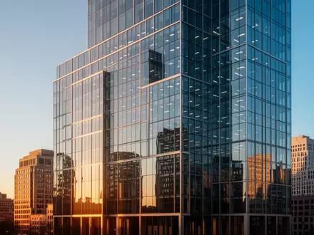 Moderne Glasfassade eines BĂŒrogebĂ€udes im Finanzviertel bei Tageslicht. - Foto: ĂŒber boerse-global.de
