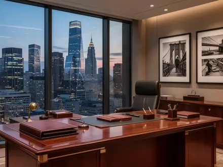 Ein gehobenes Büro mit Blick auf eine Skyline bei Dämmerung, das eine professionelle Finanzumgebung symbolisiert. - Foto: über boerse-global.de