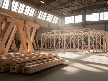 Ein unfertiges Holztragwerk in einer hellen Werkstatt, in der Holzelemente für die automatisierte Montage bereitliegen. - Foto: über boerse-global.de