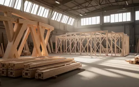 Ein unfertiges Holztragwerk in einer hellen Werkstatt, in der Holzelemente für die automatisierte Montage bereitliegen. - Foto: über boerse-global.de
