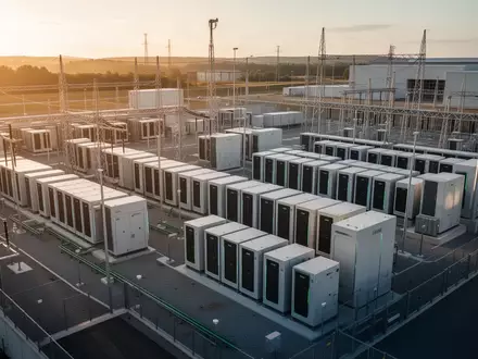 Moderne Industrieanlage für Energiespeicherung mit Batterietechnologie im goldenen Sonnenlicht. - Foto: über boerse-global.de