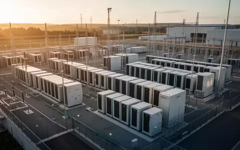 Moderne Industrieanlage für Energiespeicherung mit Batterietechnologie im goldenen Sonnenlicht. - Foto: über boerse-global.de