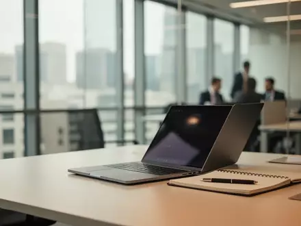 Ein moderner, heller Büroarbeitsplatz mit einem Laptop und Notizbuch in einer professionellen Arbeitsumgebung. - Foto: über boerse-global.de