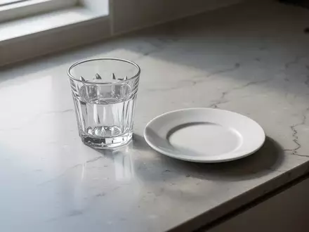 Ein minimalistisches, helles Kücheninterieur mit einem leeren Glas und einer Untertasse bei natürlichem Tageslicht. - Foto: über boerse-global.de