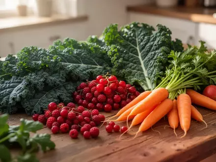 Frische, bunte Obst- und Gemüsesorten arrangiert auf einem rustikalen Holztisch in einer hellen Küche. - Foto: über boerse-global.de