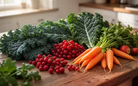 Frische, bunte Obst- und Gemüsesorten arrangiert auf einem rustikalen Holztisch in einer hellen Küche. - Foto: über boerse-global.de