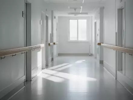 Ein heller, minimalistischer Krankenhausflur mit einem Handlauf an der Wand bei natürlichem Lichteinfall. - Foto: über boerse-global.de