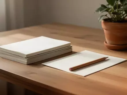 Ein minimalistischer Holztisch mit Notizheften und einem Bleistift in natürlichem Tageslicht. - Foto: über boerse-global.de
