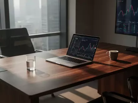 Ein minimalistischer, moderner Büroarbeitsplatz mit einem Laptop und sanftem Morgenlicht auf einem Schreibtisch. - Foto: über boerse-global.de